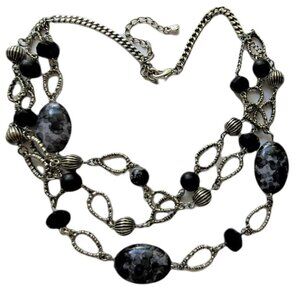 RMN Multi-Strand Necklace Black Gray Acrylic Beads Silver Tone 19-22"